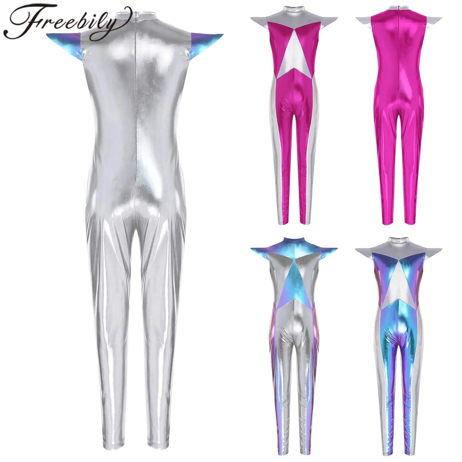 

Kid Halloween Party Costume Cosplay Astronaut Outer Space Alien Rave Outfit Costume Girls Fancy Ball Silver Metallic Jumpsuit