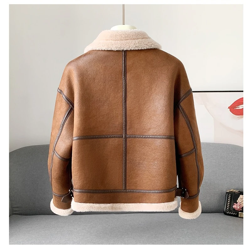 PUDI-Terno de motocicleta de cordeiro para mulheres, casaco de ovelha shearling, jaqueta feminina de gola alta, curto, novo, inverno, 2022, CT402