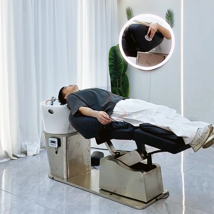 Ceramic Basin Electric Lift Shampoo Chair With Water Circulation Fumigator Semi-Lying Flushing Bed For Hair Salon