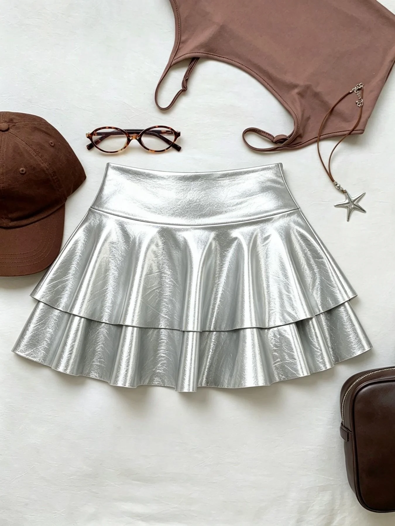 Women Metallic Layered Mini Skirt High Waist Double Ruffle Flared Short Skirt Casual Basic Bottoms