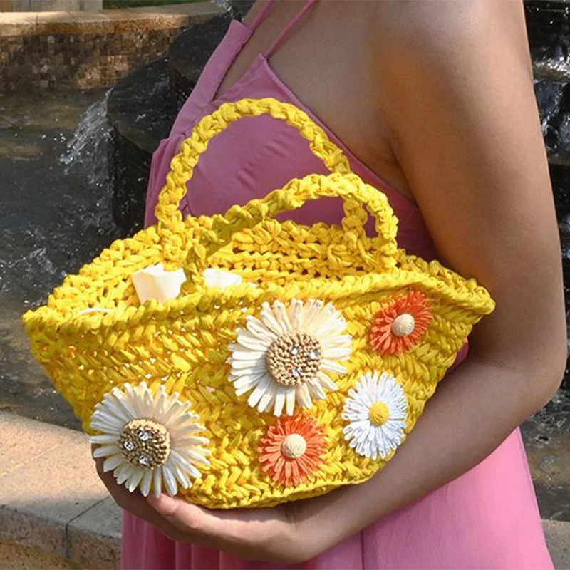 

Sunflower Hand-woven Basket Bag For Women Sweet Cute Embroidery Large Capacity Casual Fashion Seaside Shopping Holiday Handbag