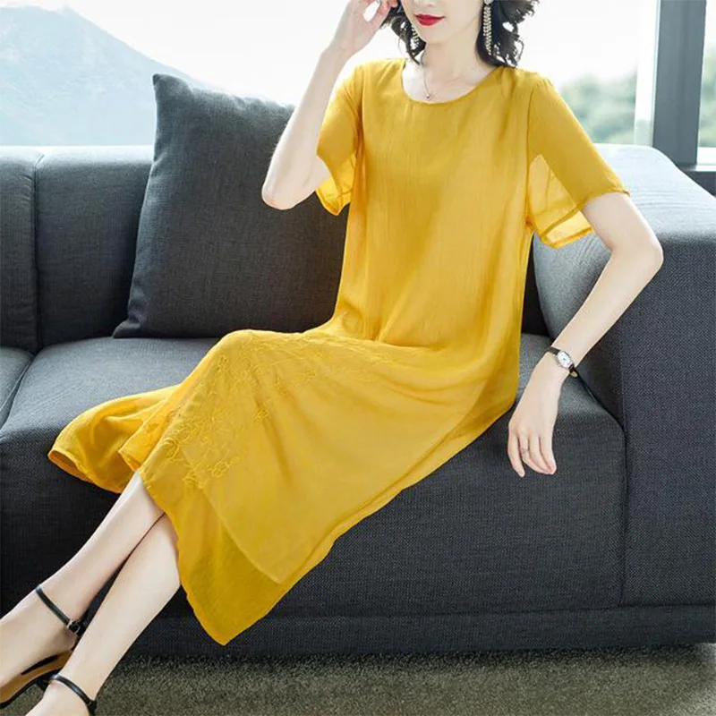 2023 New Chinoiserie Embroidered Dress Round Neck Sheer Solid Color Short Sleeve Pullover Chiffon Vintage Mid Length Dresses