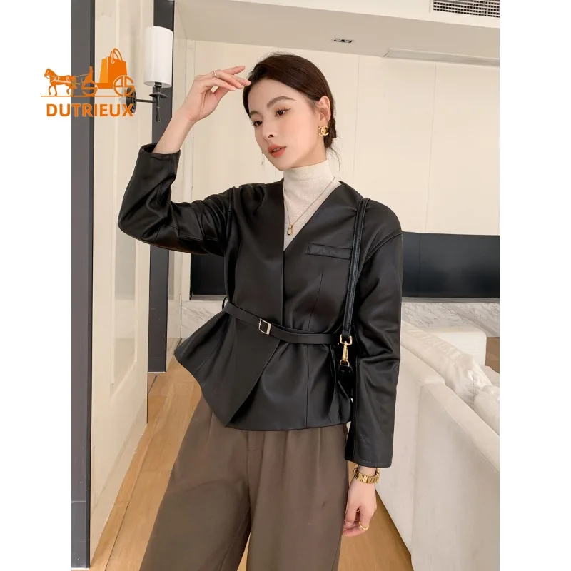 2025 New Autumn Women's Short Leather Jacket, Fashion and Elegant Trend 100% Real Sheepskin Black Jacket Coat Women