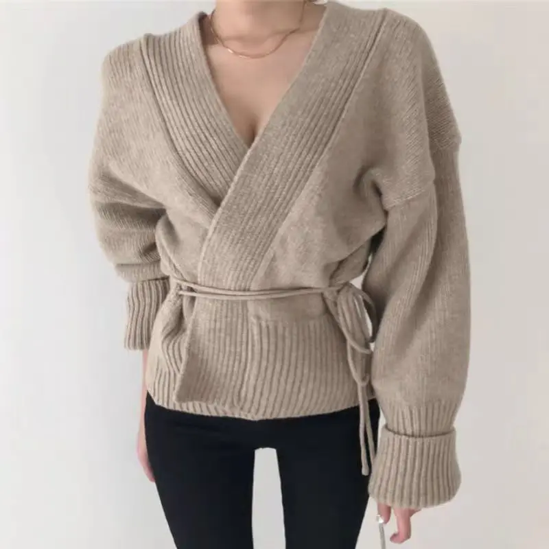 V-neck Short Knitted Cardigan Women Fall Winter Casual Loose Tied Long Sleeve Sweater Jacket 2 Colors