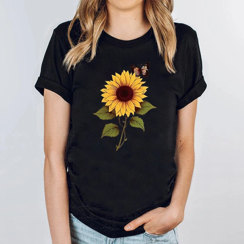 Sunflower Butterfly Print T-shrits For Women Summer Short Sleeves Round Neck Ladies T-shirt Creative Summer Cute Print Tee Shirt