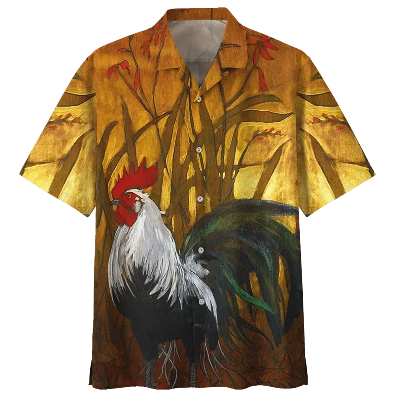 Vintage Chicken Pattern Hawaiian Shirt For Men 3D Printed Animal Rooster Short Sleeves Lapel Shirts Summer Street Button Blouses