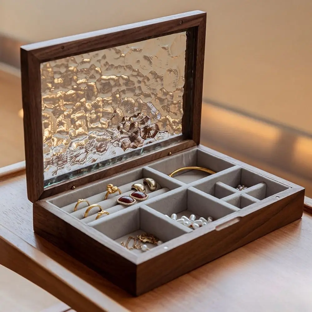 

Retro Wooden Jewelry Box Court Style Subzone Jewelry Organizer Luxury Patterned Glass Jewelry Displasy Holder