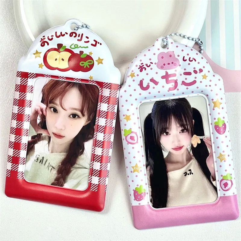 2pcs Cute Fruit Card Holder Apple Strawberry PVC ID Card Holder Keychain Photo Sleeve for Kpop Idol 3 Inch Photo Card Protector