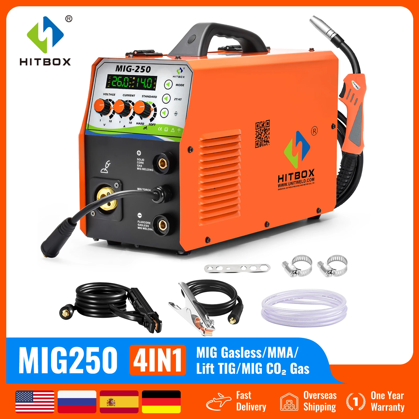 HITBOX MIG Welding Machine 220V Digital Display Precise Control MIG250 MIG Gasless ARC lift TIG 4 in 1 Gas CO2 2T/4T Welder