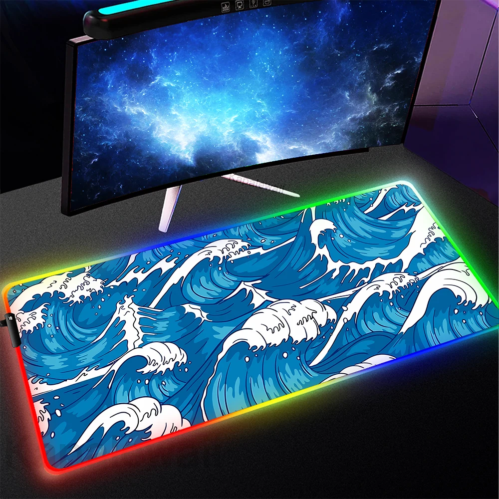 

Japanese Great Wave Off Gamer RGB Mouse Pad Large Luminous Mousepad LED Light Gaming Mouse Mat Colorful Keyboard Pads Backlit