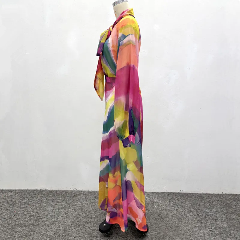 2026 New African Fashion Women Two Piece Dress Set colorfull printed Full Sleevle Lace Up Loose Blouse Top And Long Skirts Set image 4