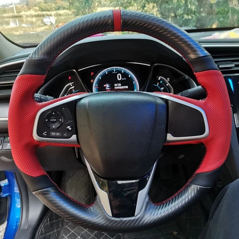 Car Steering Wheel Cover Non-slip Black Carbon Fiber Genuine Leather For Honda Civic 2016-2019 CR-V 2017-2019 Clarity 2016-2018