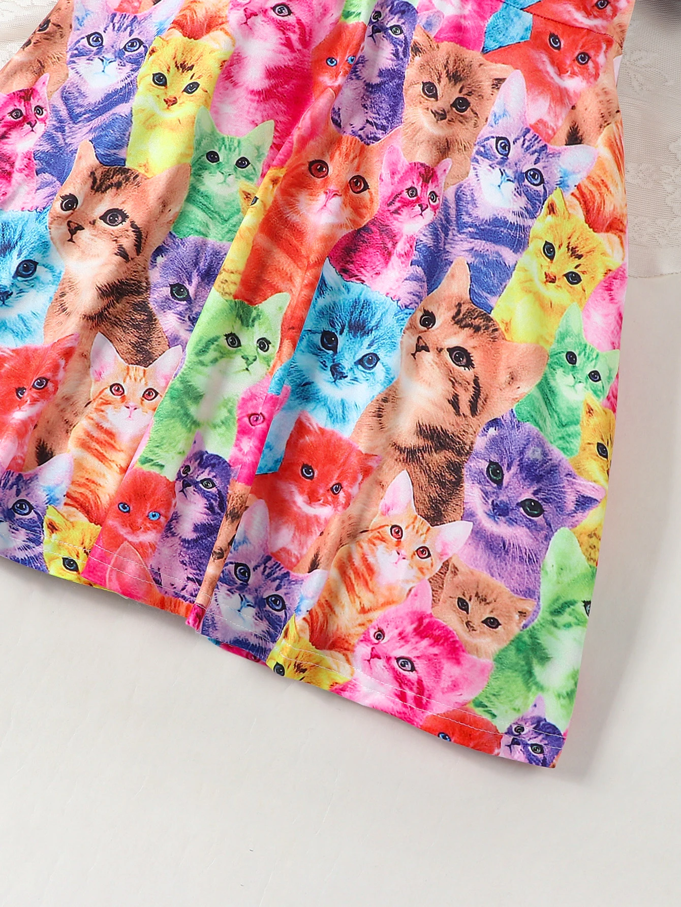 Cute and fashionable multi colored cat printed round neck short sleeved waist casual dress for girls