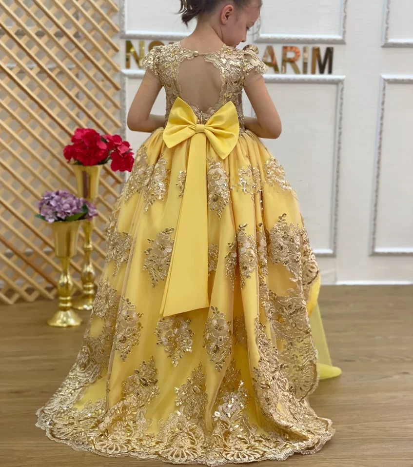 Vestido de Apliques de Renda Dourada Bebés, Vestidos de baile, Menina Flor, Bonito vestido de princesa, Grande Arco, Primeiro Aniversário, Casamento