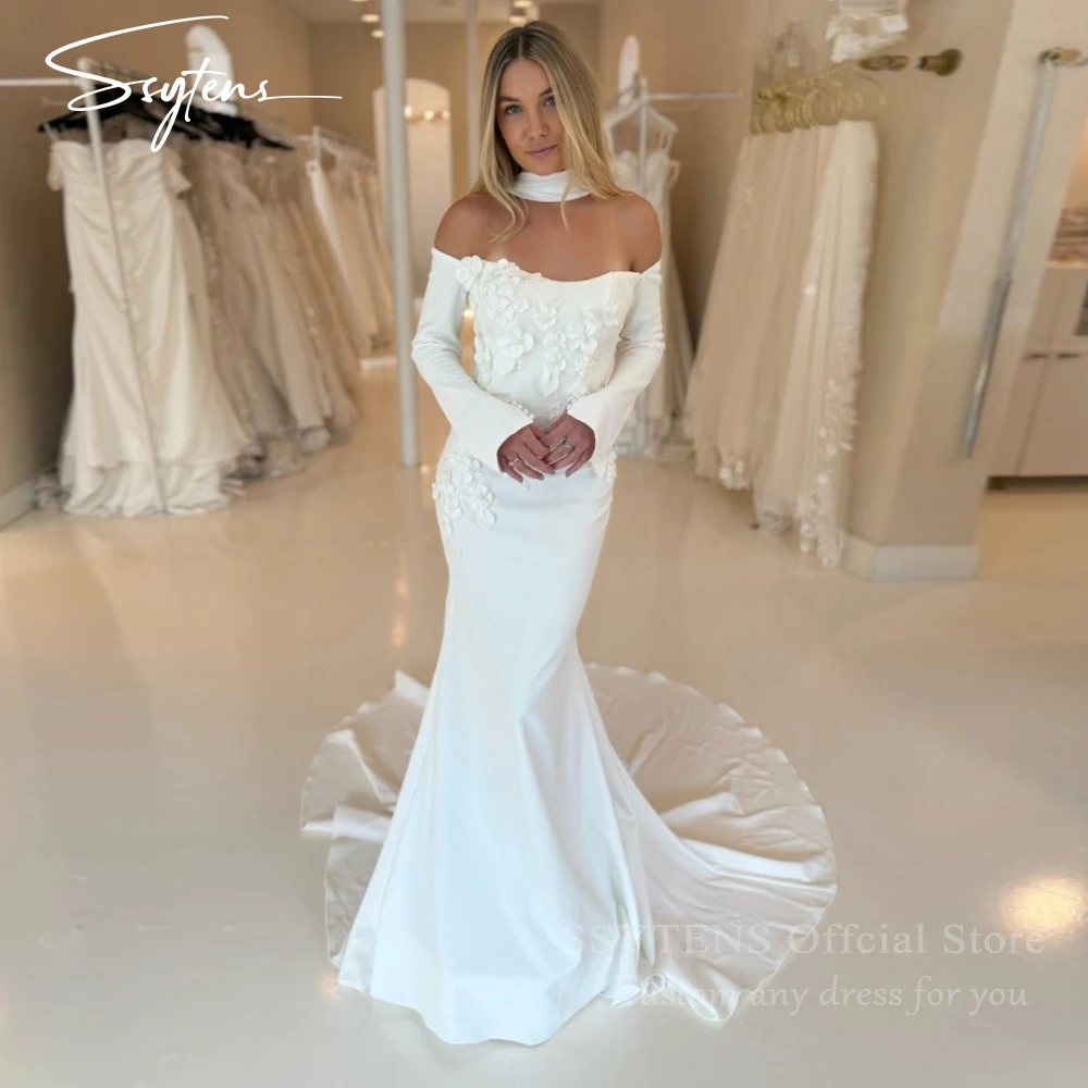 

SSYTENS Customized Mermaid Wedding Dresses Long Sleeves Appliques Ivory Off Shoulder Satin Brides Gowns Women Bridal Dresses