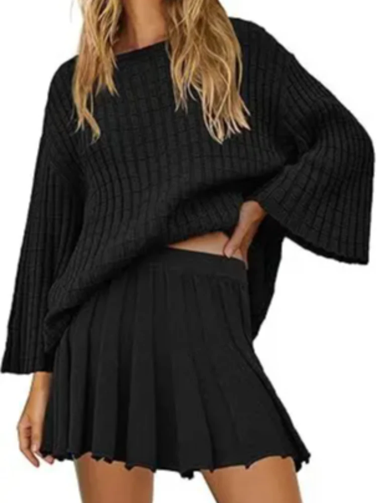 

Осенне-зимний новый женский вязаный полосатый плиссированный повседневный свитер с длинными рукавами, плиссированная юбка, комплект из двух предметов, однотонный