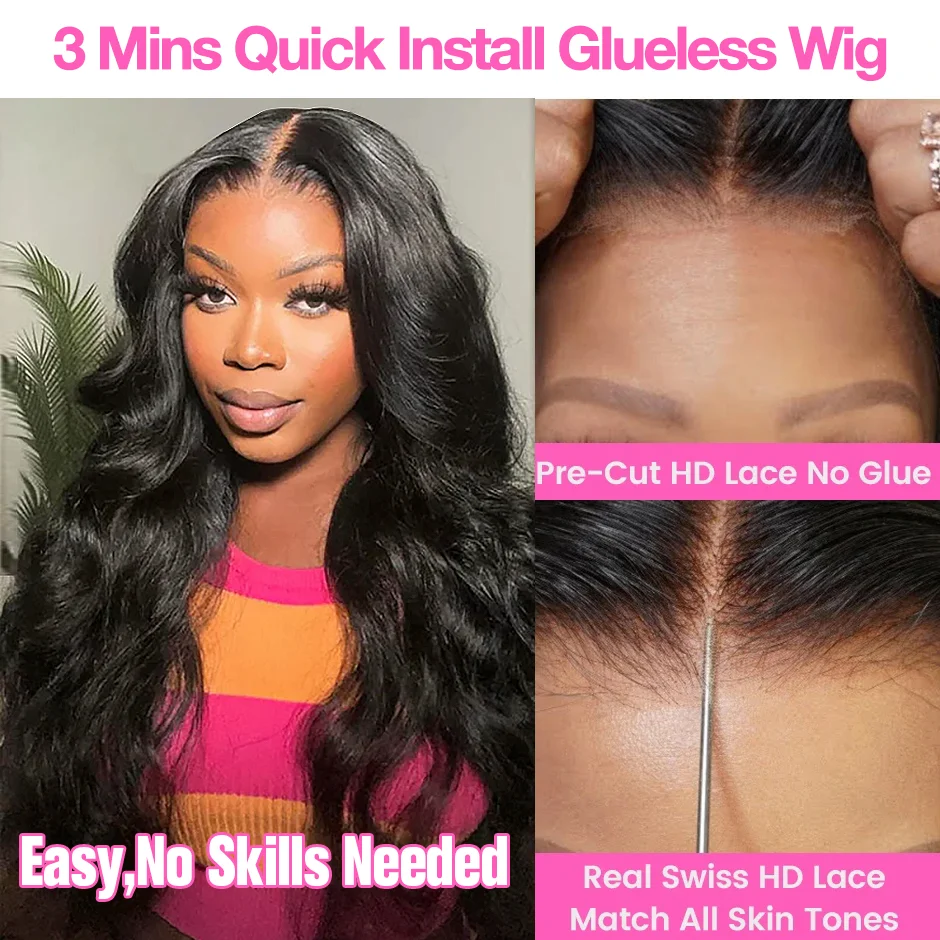 Wig Rambut Asli Model Body Wave Tanpa Lem, Wig Rambut Asli dengan Lace Frontal HD 13x6, Wig Rambut Asli dengan Lace Closure Transparan HD 5x5