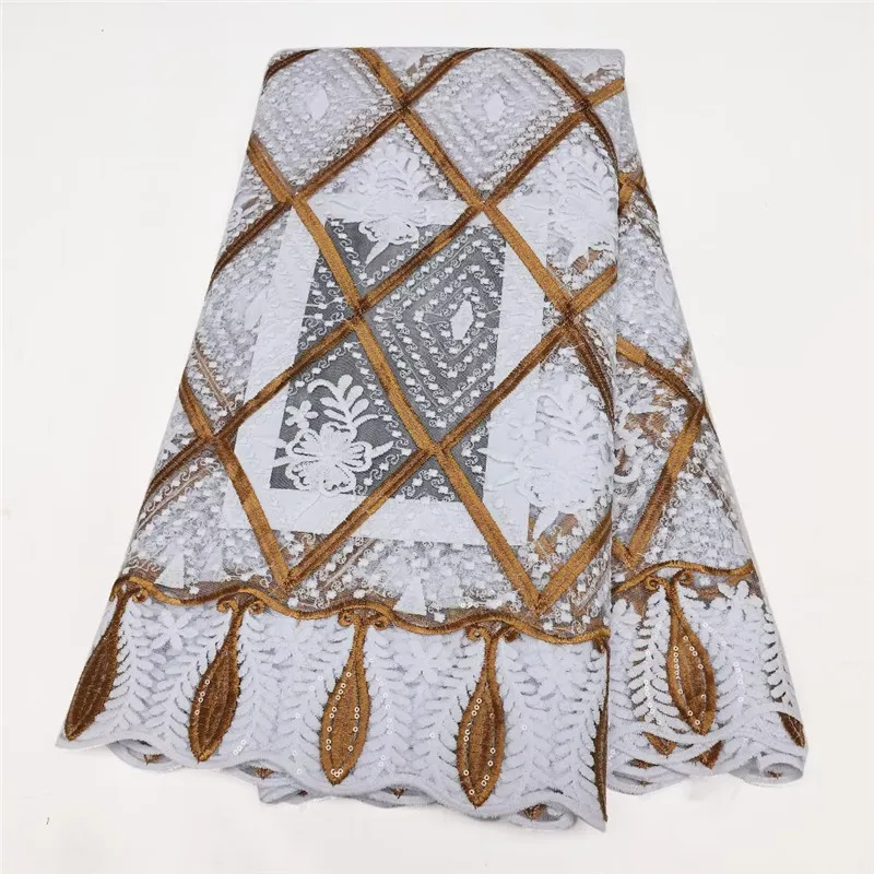 

African Lace Fabric 2023 High Quality 5 Yards Lace White Sequins Embroidery French Wedding Mesh Net Fabric For Sew Party Dresses