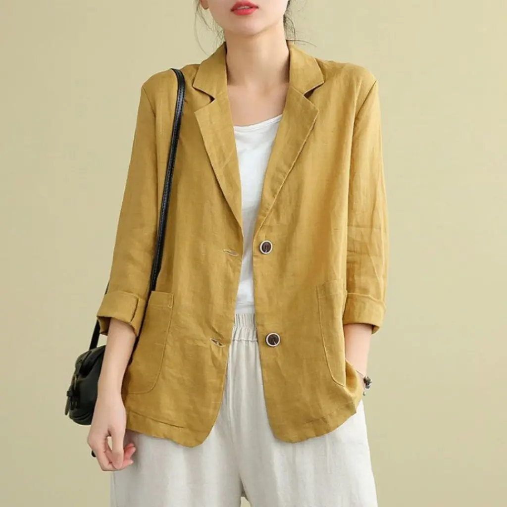 

Women's Loose Fit Cotton Linen Jacket Long-Sleeved Elegant Casual Top for Spring Summer All-Match Stylish Suit