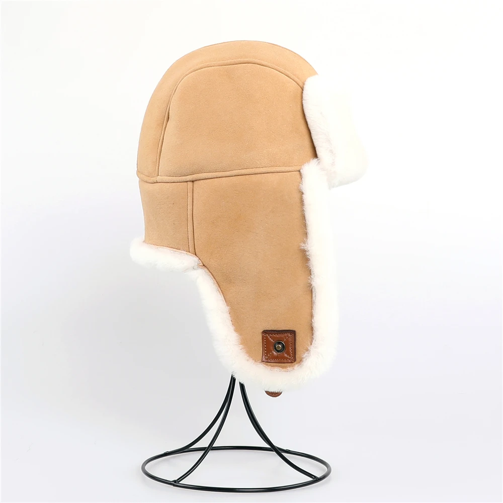 Winter Unisex 100% Shearling Wool Bomber Hat Ushanka Cap Lamb Fur Trapper Russian Man Women Ski Hats Real Leather Caps