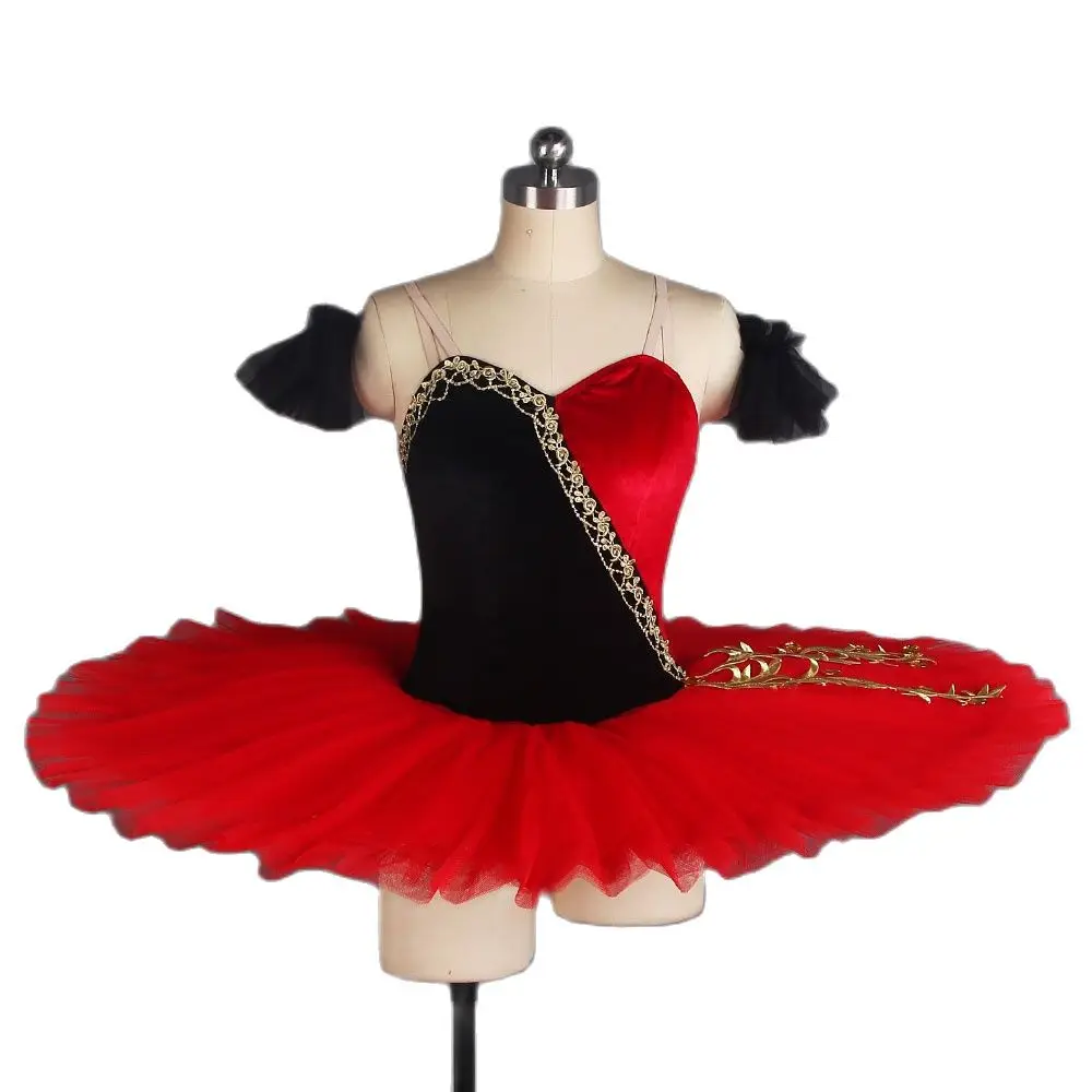 

BLL402 YAGP Black and Red Velvet Bodice with 7 Layers Pancake Tutu Girls and Women Professional Ballet Dance Tutu Solo Dress