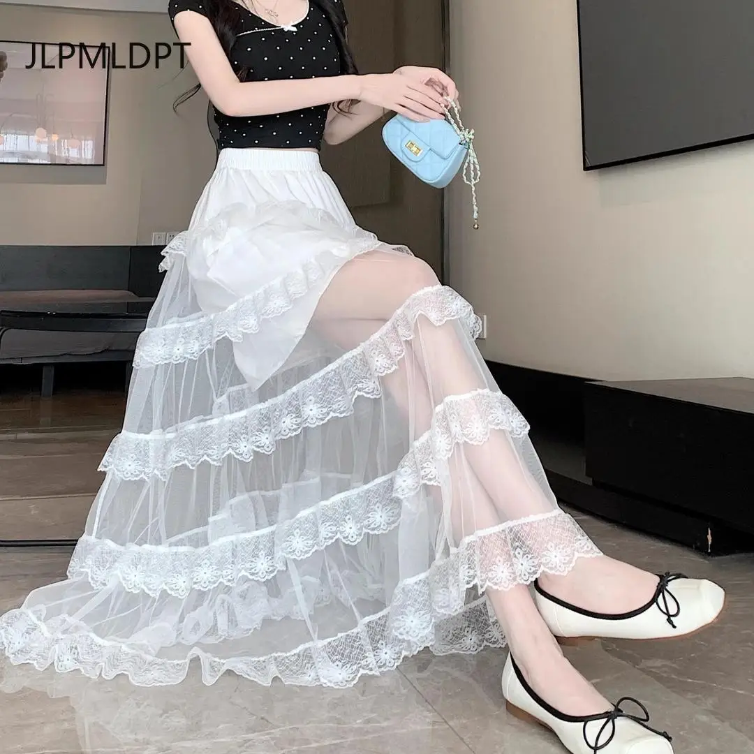 

Mesh layer by layer splicing lace girl 2025 spring and summer new high waist thin drape fairy skirt