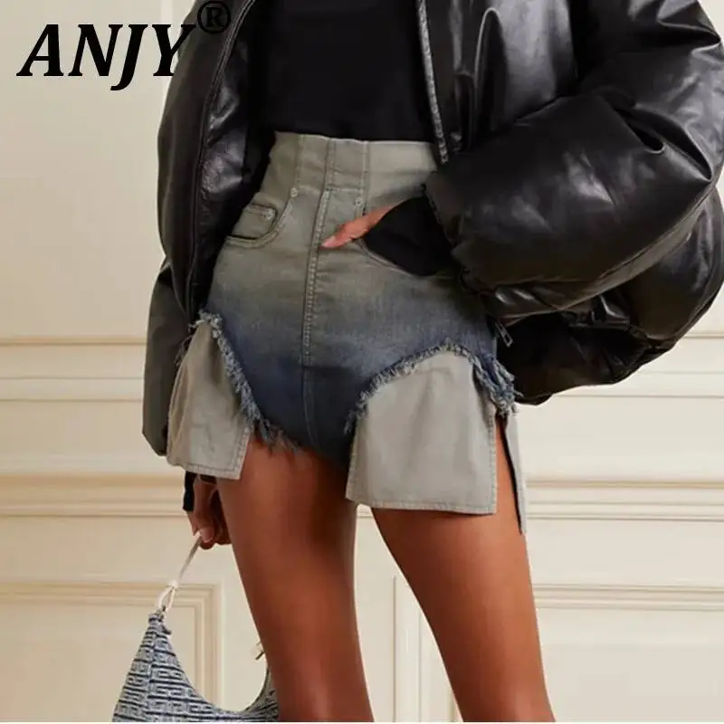 

ANJY Women's Dark Design Washed Gradient High Waist Zipper Denim Shorts Frayed Edge Patchwork Large Pocket Sexy Hot Pants A24536