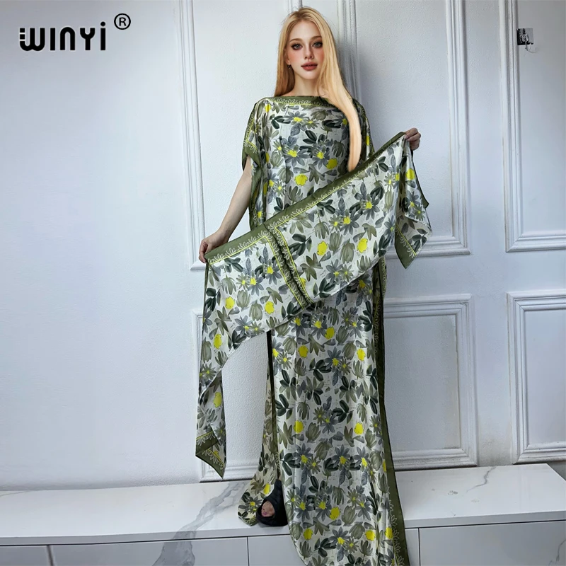 

WINYI 2024 summer african Floral Print Crew Neck Long Sleeve Kaftan Dress, Elegant Maxi Length Dress, Women's Clothing