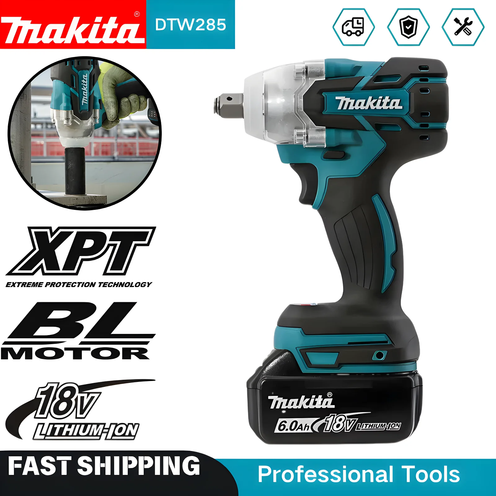 

Ударный гайковерт Makita DTW285, бесщеточный, аккумуляторный, электрический, для батарей Makita 18В