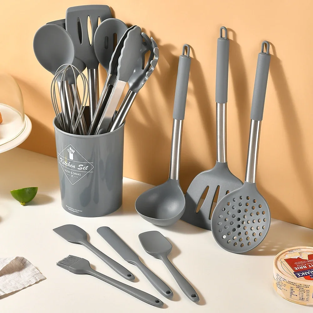 15Pcs Black Silicone Kitchen Utensils Set Non-Stick Cookware Stainless Steel Handle Spatula Egg Beaters Kitchenware Accessories