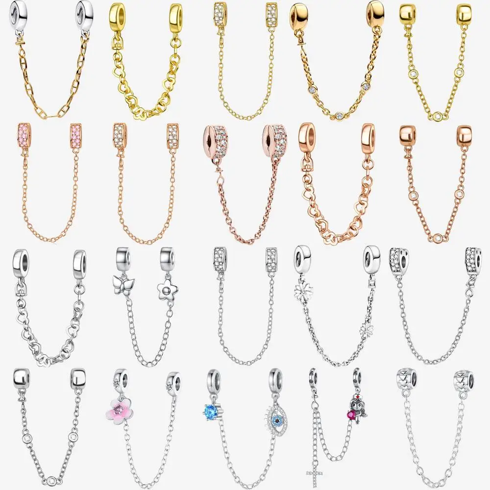 

Murano Glass 925 Sterling Silver Pavé Safety Chain Clip Dangle Charms Fit Original Bracelet Beads Jewelry DIY Gift plata de ley