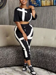 LW Plus Size 2 Piece Sets Women Tracksuit short sleeve Crop Top + Striped Pants Set Spring summer Casual women matching suit