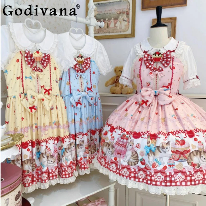 

Original Sweet Lolita Dress JSK Girls Cute Bow Print Kawaii Sleeveless Mini Princess Sling Dress Daughter Birthday Strap Dress