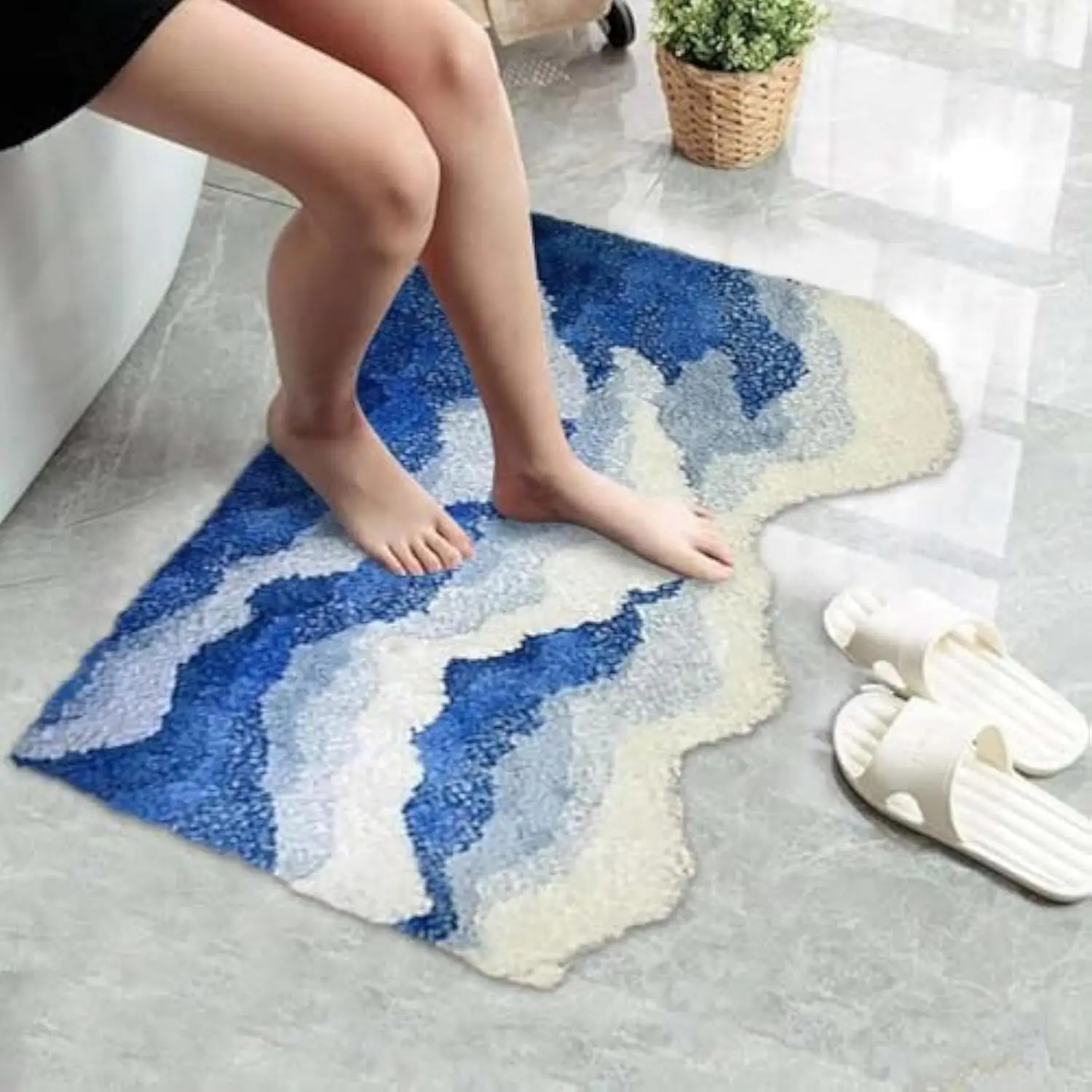 Blue Wave Bathroom Rug Cute Non Slip Bath Mat 3D Aesthetic Plush Beach Rug Soft Washable Bedside Carpet Mat for Shower Bathtub