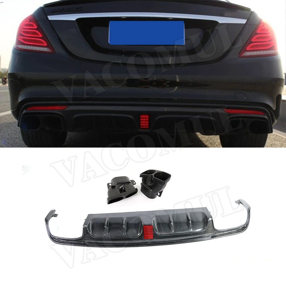 

VACOMUL For S Class W222 Carbon Fiber Rear Bumper Lip Diffuser Spoiler for Mercedes Benz S63 S65 AMG 2013-2017 with Exhaust Tip