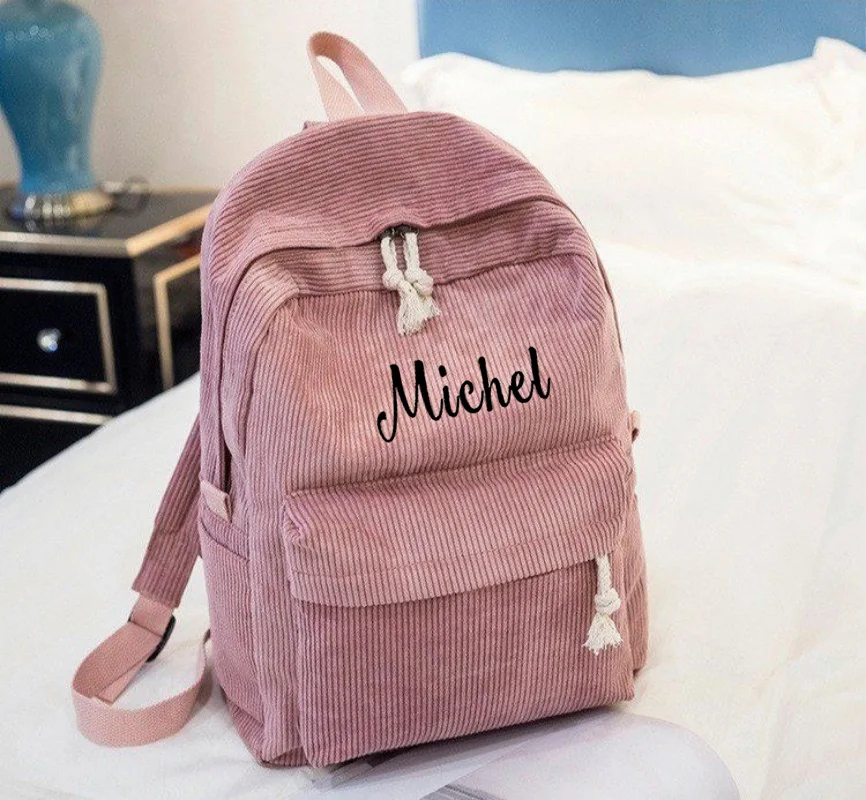 

Personalised Corduroy Knapsack Custom Your Name Casual Backpack Unisex Classic Campus Portable Ultra Soft Handbag