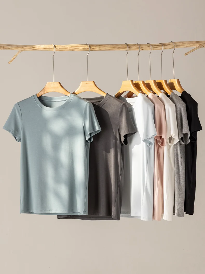 SuyaDream, Women Solid T Shirts, Silk Viscose Blend, Plain O neck, Short Sleeved Tee 2025 Spring Autumn Basic Top, Grey, White
