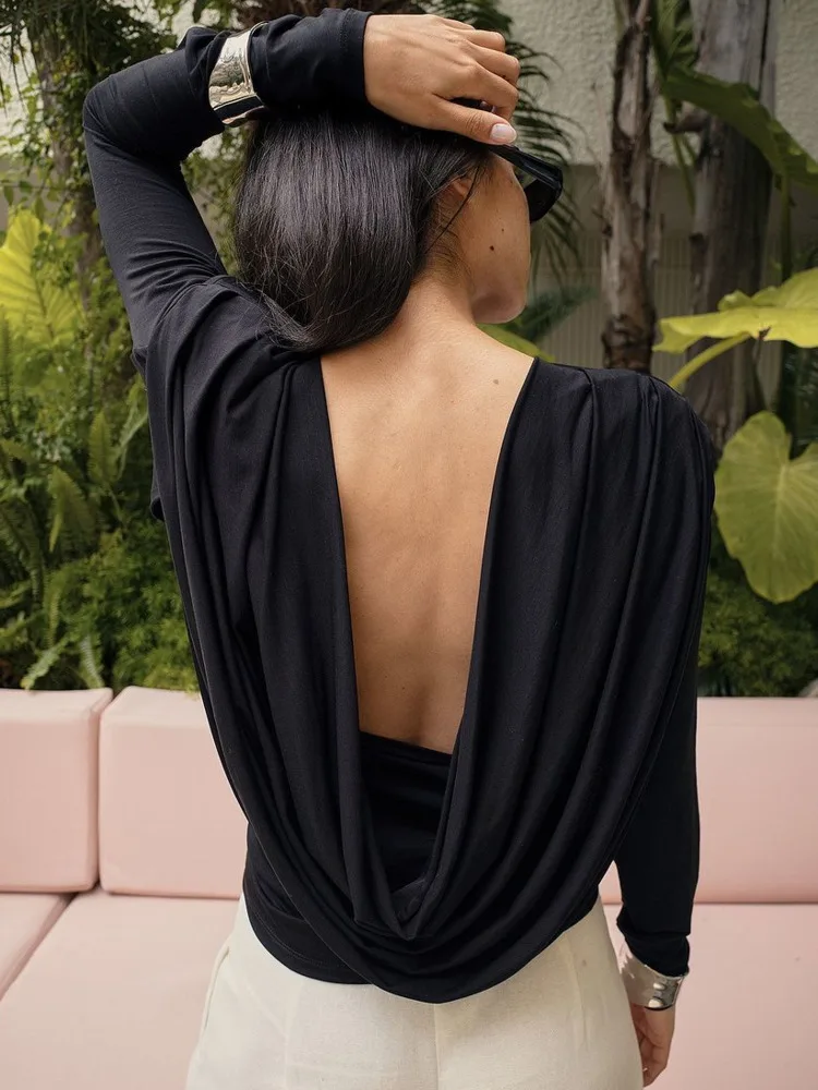 Blifanbo Long Sleeve Slim Fit Ruched T-Shirt Top Women Autumn Winter Fashion Sexy Backless Tight T-shirt Top Female Streetwear