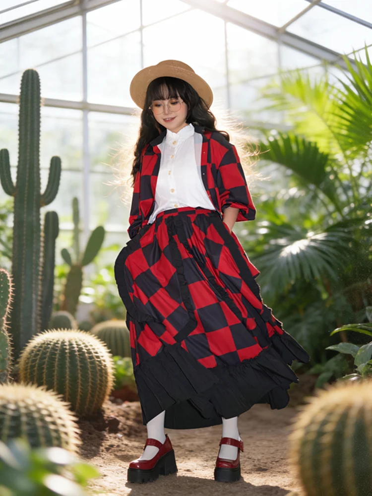 TIYIHAILEY-롱 미드-카프 스커트 여성용 신축성 있는 스커트 여름 봄 레드와 블랙 체크 패치워크 2026 신상 포켓 포함 A라인