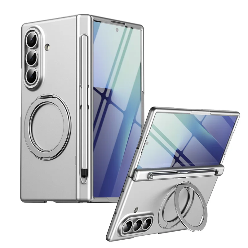 

For Samsung Galaxy Z Fold 7 6 5 4 3 360 Swivel Alloy Bracket Magnetic & Ring Tempered Glass Film With Stylus Pen Slot Phone Case