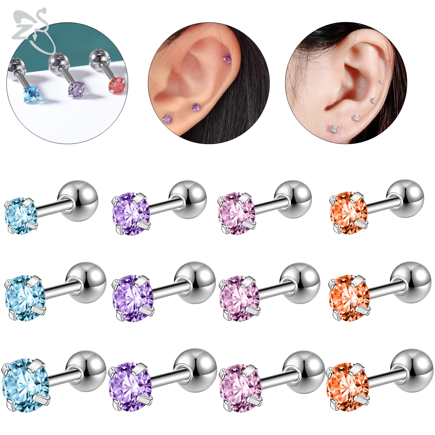 ZS 3-7pcs/lot 16G 316L Stainless Steel Ear Stud Crystal Zircon Ear Studs Earring Ear Tragus Helix Cartilage Piercings 3/4/5mm