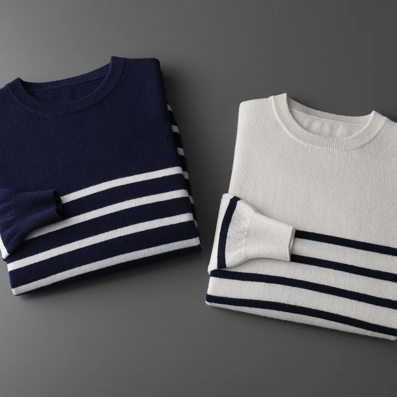 خريف شتاء جديد الرجال سترة صوف البحرية نمط أعلى مخطط جولة الرقبة البلوز طويلة الأكمام الصوف تريكو