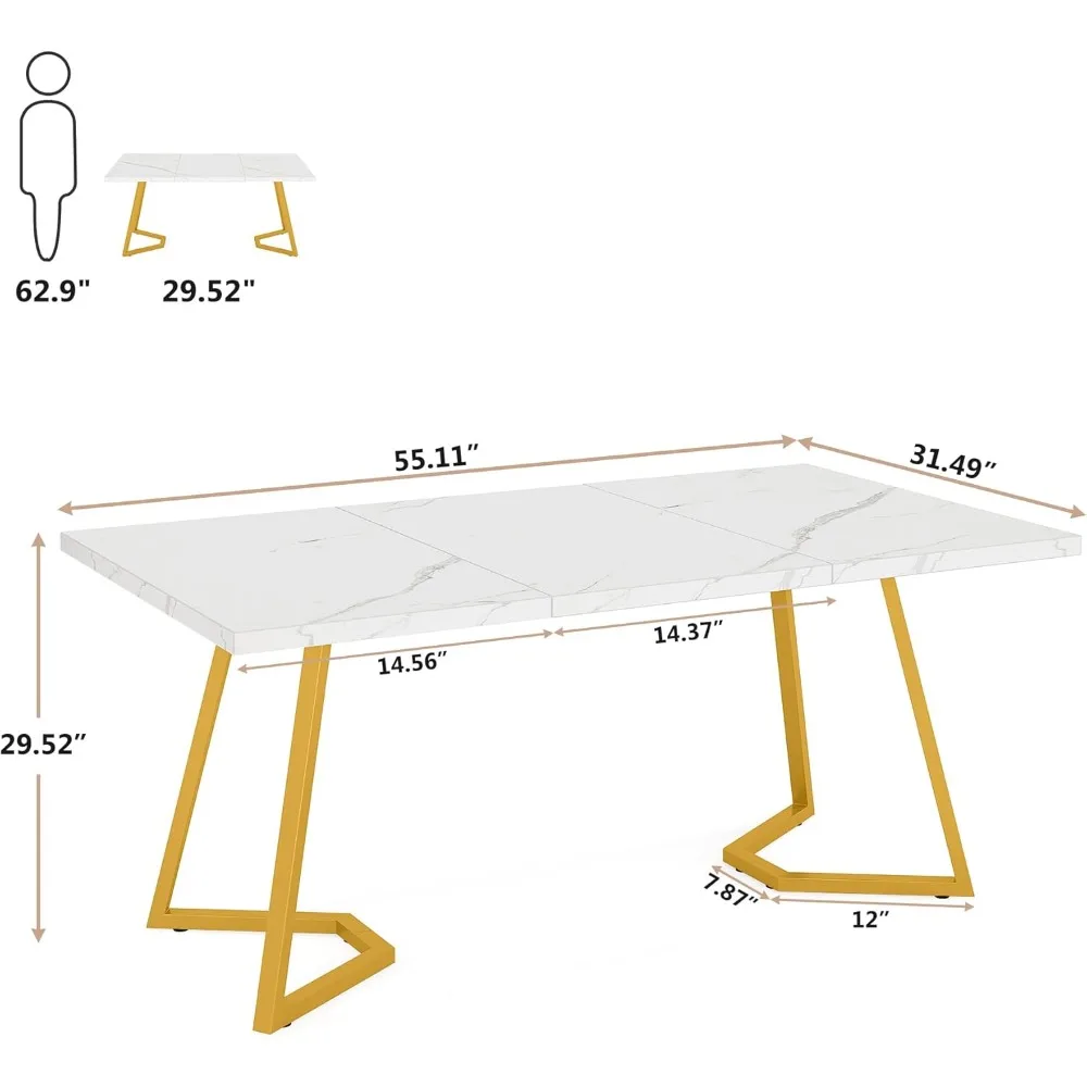 Gold Dining Dinner Table: 55 Inches Modern White Dining Room Table with Golden Legs, Faux Marble Small Kitchen Table