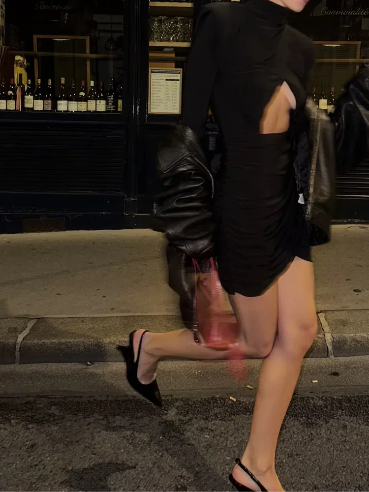 Mini robe noire ajourée pour femmes, manches longues, Sexy, col haut, Slim, ligne a, robes de soirée, de Club, automne 2025