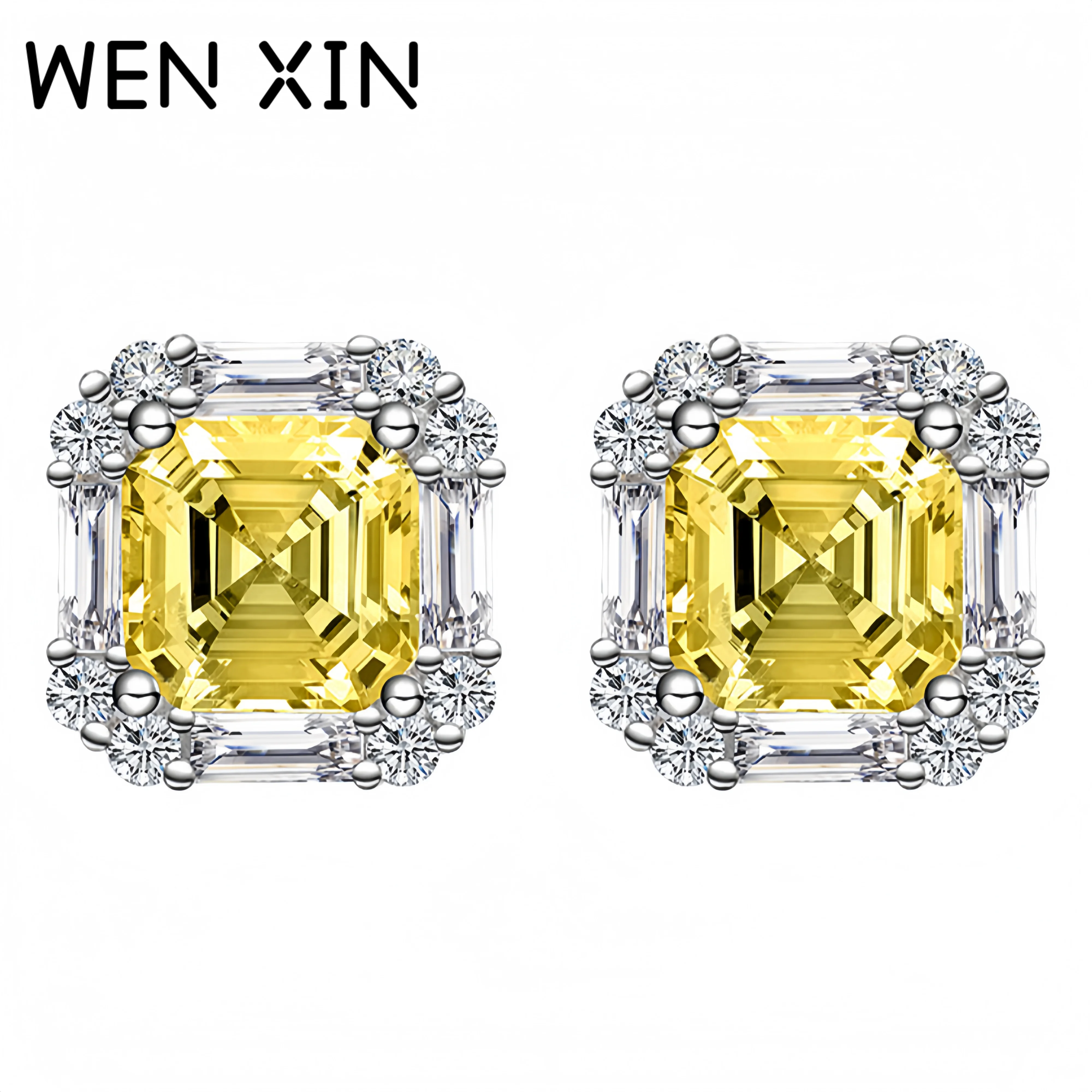 

WENXIN Роскошные квадратные серьги-гвоздики с желтыми бриллиантами, серьги из стерлингового серебра 925 пробы, выращенные в лаборатории ювелирные изделия с высокоуглеродистыми бриллиантами