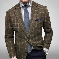 2023 Autumn Winter Blazers New Men's Slim Fit Plaid Suit Jacket Men Vintage Single-Breasted Long Sleeve Turn-down Collar Blazers