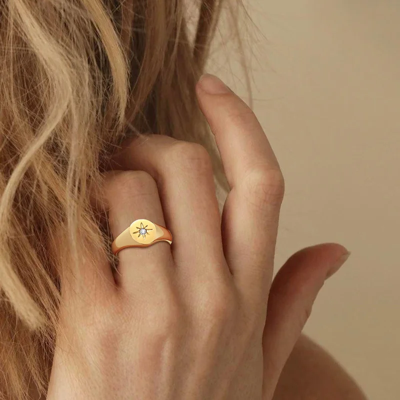 Women Fashion Star Signet Rings, Gold Color Solid Metal Square Round Top Stamp AAA CZ Stone Band, Chic Boho Cool Jewelry