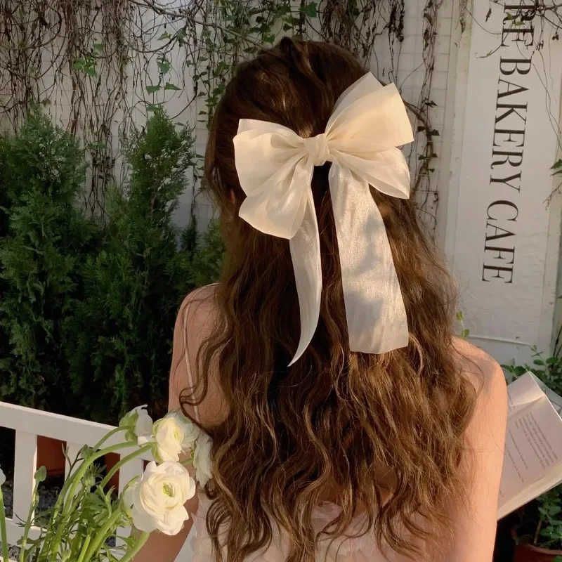 Korean Women's Bow Ribbon Top Clips Mesh Ribbon Back of The Head Spring Clip Sweet Hair Accessory Pinzas Para El Cabello 리본바나나핀 image 3