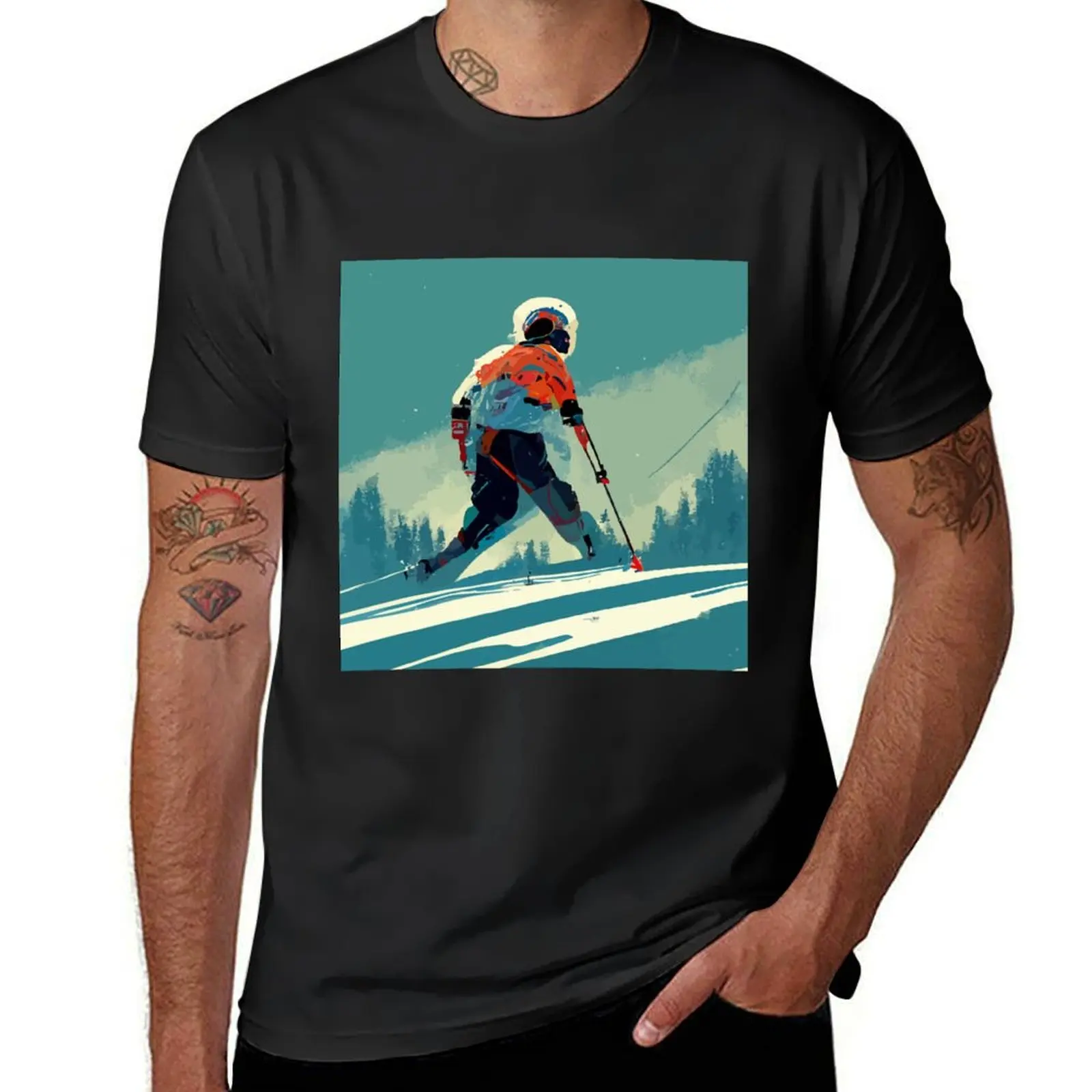 

Ski race po skier while skiing T-Shirt oversized anime clothes boys whites mens clothing