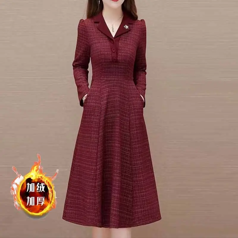 

2023 New Autumn Winter Office Lady Patchwork Turn-down Collar Midi Dress Ladies Temperament Buttons Long Sleeve Slim A-line Skir